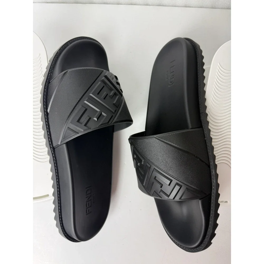 Fendi Men's FF Diagonal Logo Print Slides Men's Size 13 Black (Authenticated)